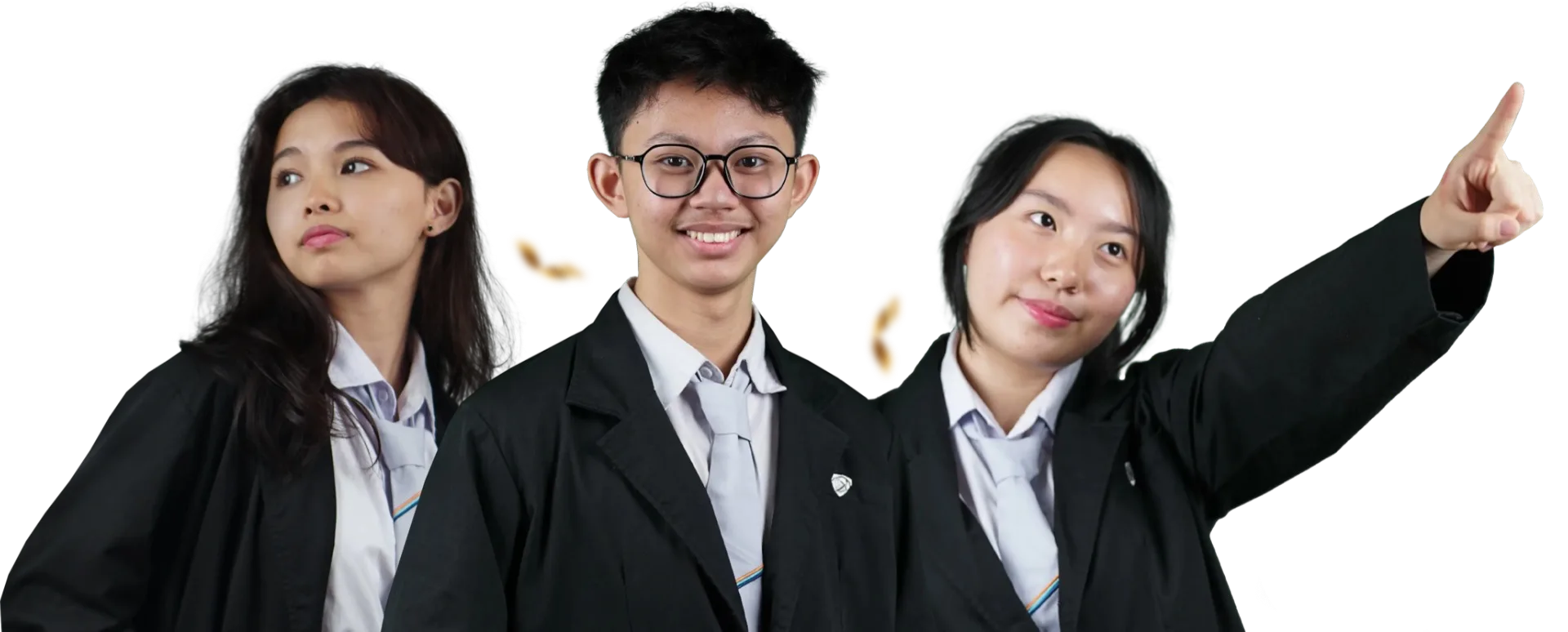 Three GMC students in school blazers, one pointing ahead