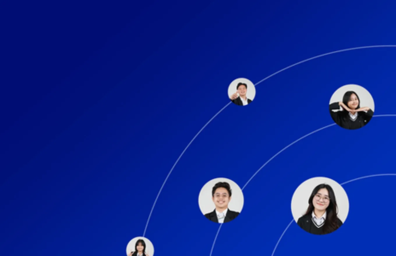 Portraits of GMC students arranged along blue orbit lines